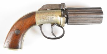 Unnamed six-shot percussion bar hammer action pepperbox pistol/ revolver with engraved lock, top
