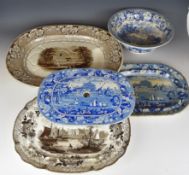 19thC transfer printed sepia meat platter the well decorated with Trentham Hall scene and a