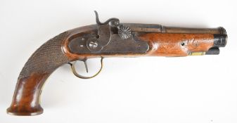 Unnamed percussion converted from flintlock hammer action coat pistol with shaped hammer, brass