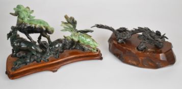 Bronze dragon and jade or similar hardstone carving of a dog fighting mountain goats, etc