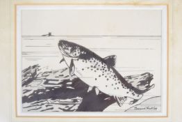 Bernard Venables (1907-2001) pen and ink study of a fish jumping, signed lower right, 14 x 19cm,
