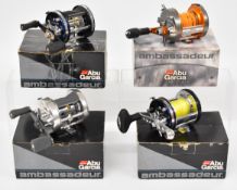 Four Abu Ambassadeur multiplier fishing reels comprising 6500C3 CT Mag 500CT Sports Mag, 6500C3