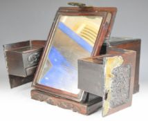 Chinese carved hardwood travelling jewellery / vanity case with fold up mirror, W25 x D35 x H19cm