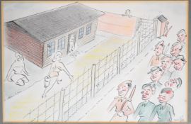 WW2 prisoner of war camp interest pen ink and coloured pencil or similar cartoon depicting a group