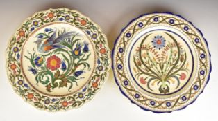 Two 19thC Bohemian Dallwitz chargers with exotic bird / flower decoration, diameter 39cm