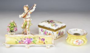 Meissen flared pot, Dresden pen tray, German hinged box etc, tallest 13cm