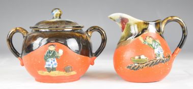 Sumida Gawa pottery jug and twin handled covered pot, tallest 13cm