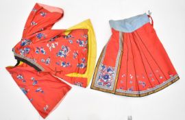 Chinese late Qing dynasty embroidered red silk robe and pleated skirt, the robe all over decorated