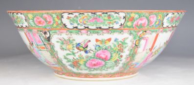 19thC Chinese famille rose pedestal punch bowl decorated with cartouches of court scenes, flora