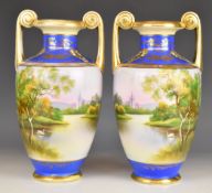 Noritake pair of twin handled pedestal urn shaped vases with pastoral decoration, height 30cm