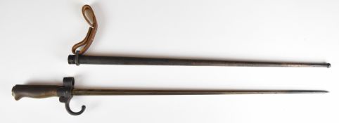 French 1886 pattern Lebel bayonet with brass grip, downswept quillon, round button catch, 52cm