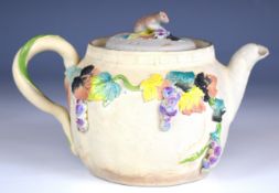 Chinese pottery teapot in Yixing style with applied leaf and vine decoration in enamels with mouse