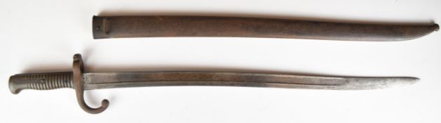 French 1866 pattern chassepot bayonet with downswept quillon, 57cm single edged yataghan blade and