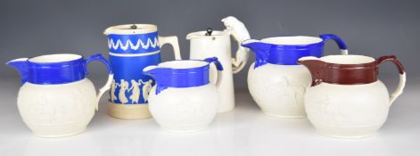 Six Copeland / Copeland and Garrett jugs, four with relief moulded decoration of hunting scenes, one