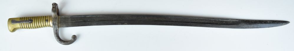 French 1866 pattern chassepot bayonet with brass hilt, external leaf spring and 57cm yataghan blade.