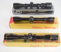 Three various rifle scopes, two Nikko Stirling Gold Crown 4x40 and Special 4x32 and the other