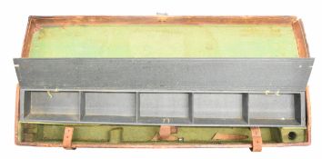 Vintage two tier leather bound gun case with fitted interior and hinged accessory tray, 84 x 19 x