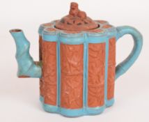 19th / 20thC Chinese Yixing teapot with blue glazed decoration, height 12.5cm