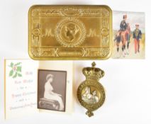 WW1 Princess Mary Christmas tin with Christmas card, photographs and martindale (11th Hussars)