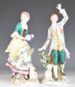 Pair of Sitzendorf / Chelsea style musicians / dancers with lambs at feet, tallest 26cm