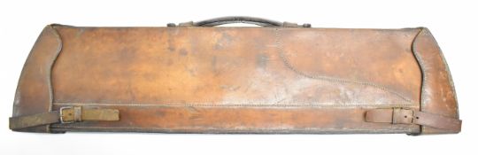 Vintage double ended brown leather gun case with brass locks stamped 'Patent', 79 x 20 x 7.5cm.