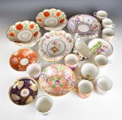 19thC porcelain saucers, dishes, coffee cans and cups including New Hall, Ridgway, bat print
