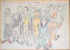 WW2 prisoner of war camp interest pen ink and coloured pencil or similar cartoon titled 'Parade in