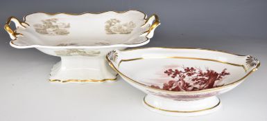 19thC twin handled pedestal comporte with bat print decoration of pastoral scenes and relief moulded