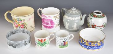 19thC porcelain Copeland teapot with Bill Coles Collection label, Georgian porter mug with William