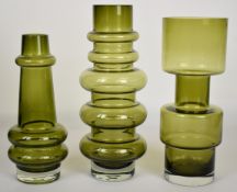 Three Tamara Aladin for Riihimaen Lasi Riihimaki glass vases in sage green, largest 30cm tall.