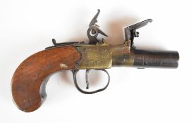 Rea of London flintlock pocket pistol with named and engraved brass lock, thumb slide safety, shaped