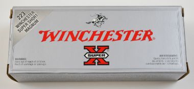 Twenty .223 Winchester Super Short Magnum Winchester Super X CXP2 rifle cartridges, in original box.