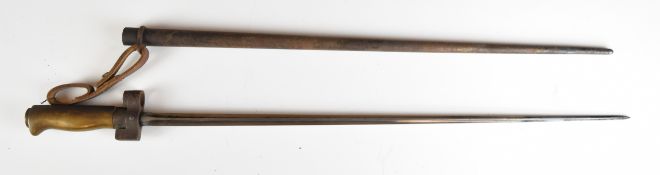 French 1886 pattern bayonet with brass grip, button catch, 42cm cruciform blade, scabbard and