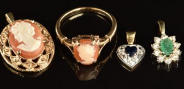 A 9ct gold pendant and ring set with a cameo, 9ct gold pendant set with a sapphire and an emerald