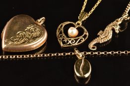 Two 9ct gold chains, 9ct gold heart locket, 9ct gold pendant set with a pearl and a 9ct gold