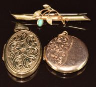 A 15ct gold brooch set with seed pearls and turquoise (Chester 1901, 2.4g, one seed pearl