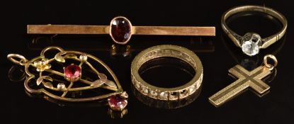 A 9ct gold bar brooch set with a garnet, Edwardian pendant set with garnets, 9ct gold cross, 9ct