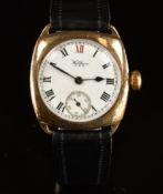 Waltham 9ct gold gentleman's wristwatch with inset subsidiary seconds dial, blued hands, black Roman