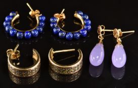Three pairs of 9ct gold earrings including lavender jade, lapis lazuli and hoops, 9.1g
