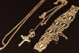 A 9ct gold necklace made up of box links, a 9ct gold gate bracelet with heart padlock clasp and a