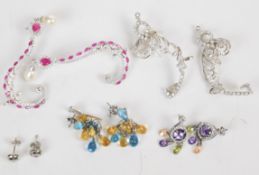 Five pairs of silver earrings set with rubies, cubic zirconia, topaz, citrine, etc, 48g