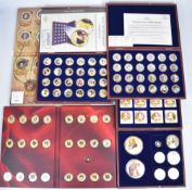 Six various gold plated picture coin sets, some in fitted wooden boxes, others in presentation