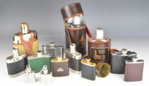 Spirit and hip flasks including triple bottle in leather case, height 20cm
