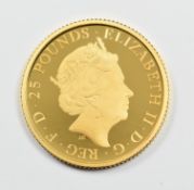 Royal Mint 2021 cased limited edition 370/775 ¼oz 999.9 proof gold £25 coin 'The Britannia', with