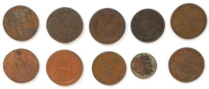 Ten bronze / copper trade and advertising tokens for Braintree and Brocking, Macclesfield,