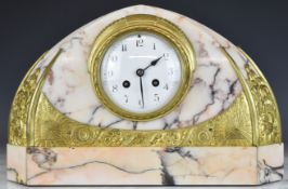 Art Deco / Art Nouveau marble and brass mantel clock with enamelled dial and convex glass, the two