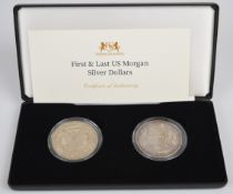 Harrington and Byrne cased First and Last US Morgan silver Dollars 1878 and 1921, with certificate
