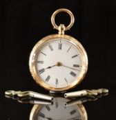 Unnamed 14ct gold open faced pocket watch with gold hands, black Roman numerals, white enamel