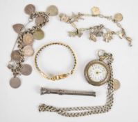 A silver fob watch, 9ct gold cased watch, silver threepence bracelet, silver pencil and a silver