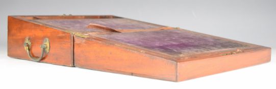 Georgian mahogany writing slope with brass handles and drawer to base, opening to reveal label for
